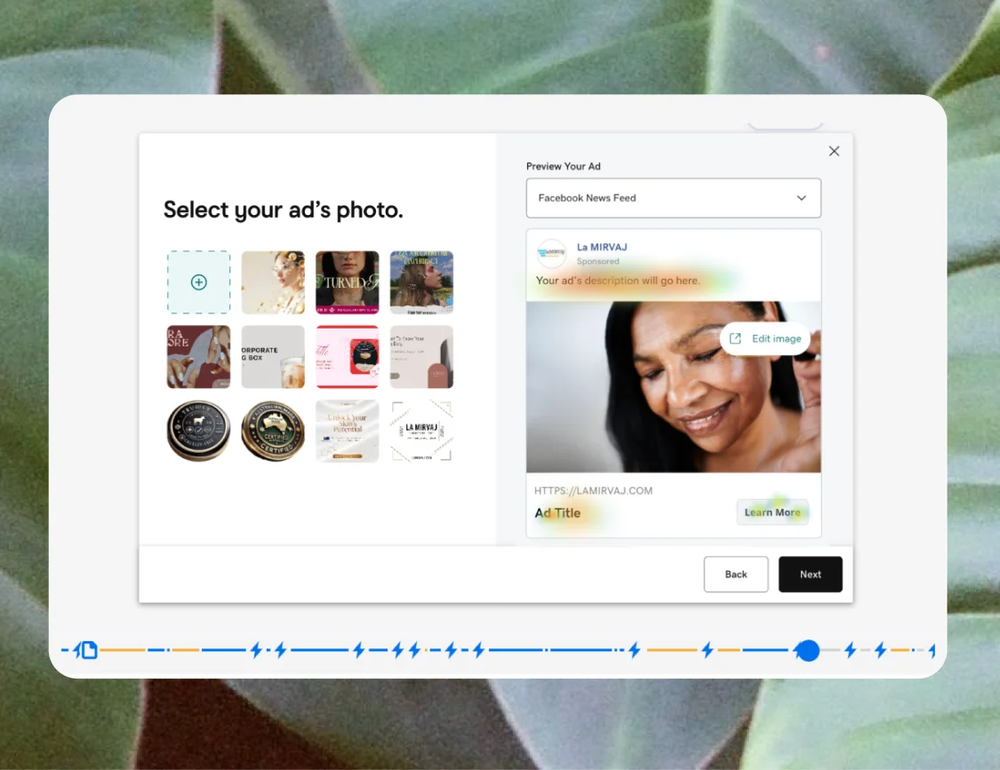 GoDaddy ad creation interface showing user interaction patterns during the image selection process