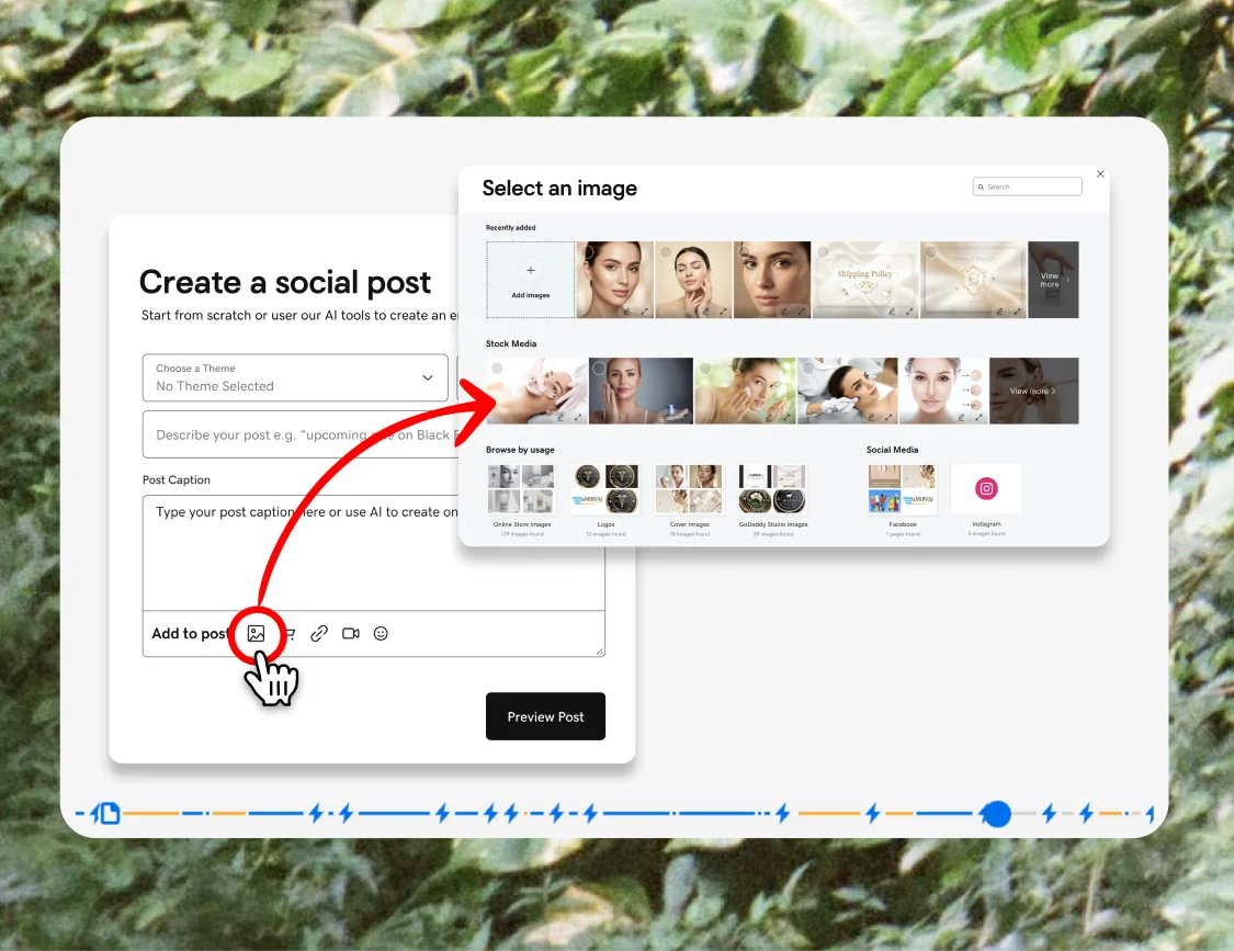 FullStory session showing users searching for images early in their social post creation workflow