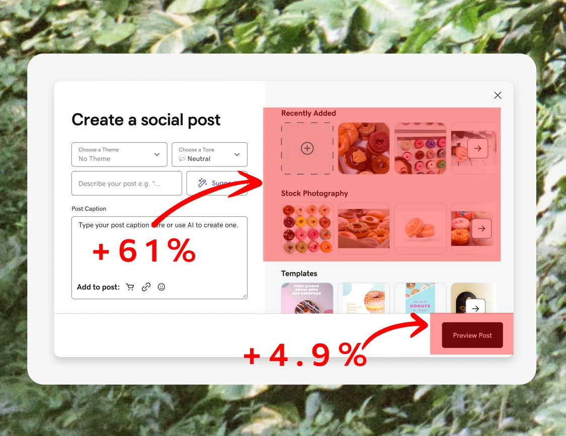 Final streamlined social post interface showing improvement metrics