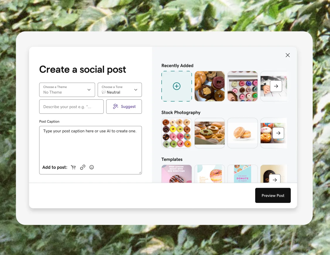 Redesigned social post composer with image gallery prominently displayed