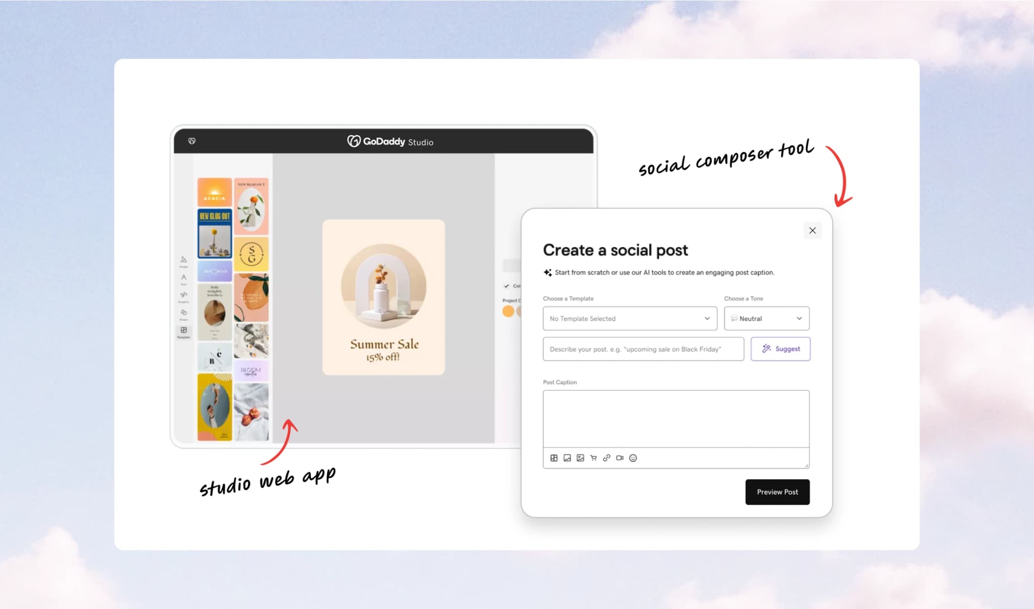 Comparison of Digital Marketing social composer and GoDaddy Studio as related but separate product experiences